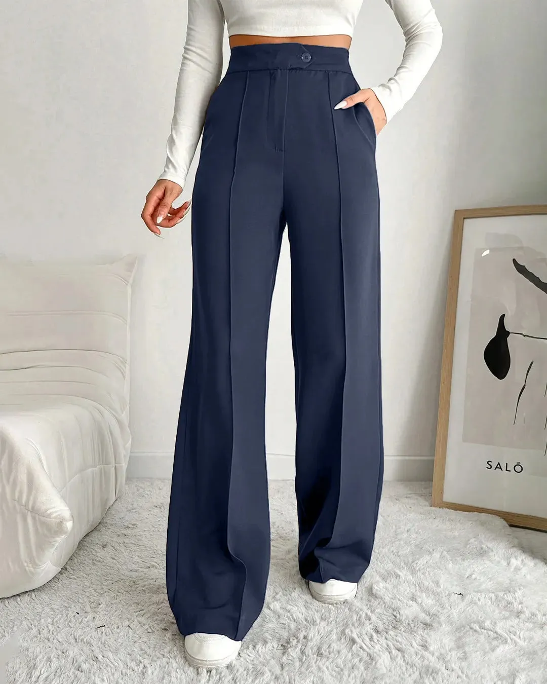 High Waist Wide Leg Formal Trousers in Navy Blue