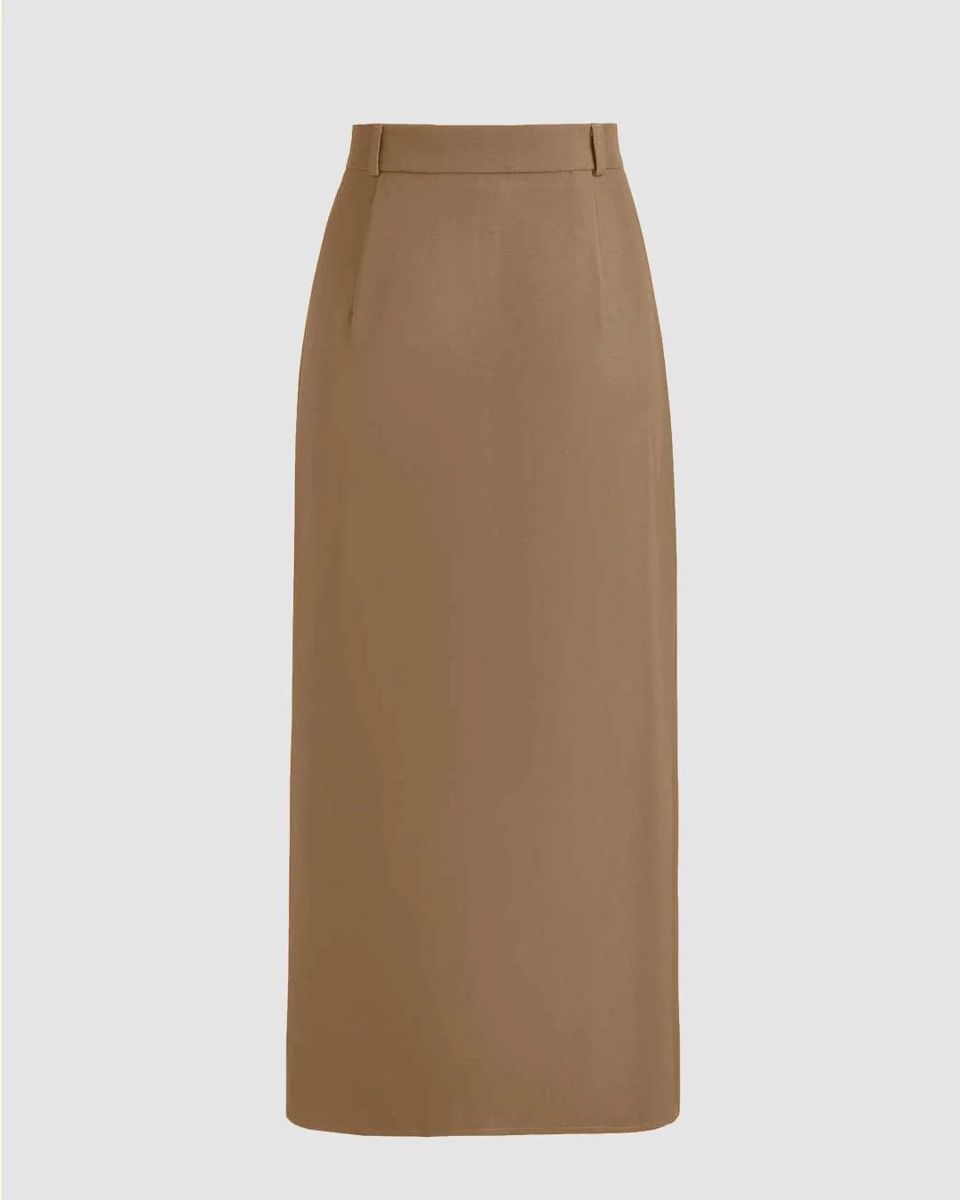 High Waisted Solid Front Slit Maxi Skirt In Brown - Image 2
