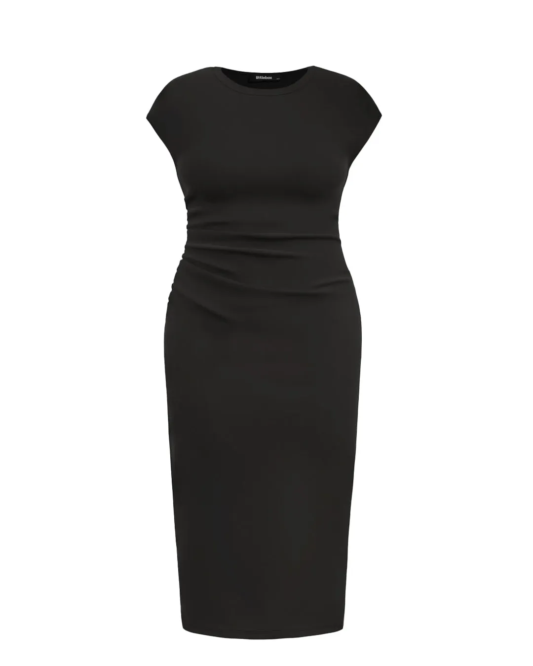 Knitted Short Sleeve Bodycon Dress With Pleated Waist In Black Curve & Plus