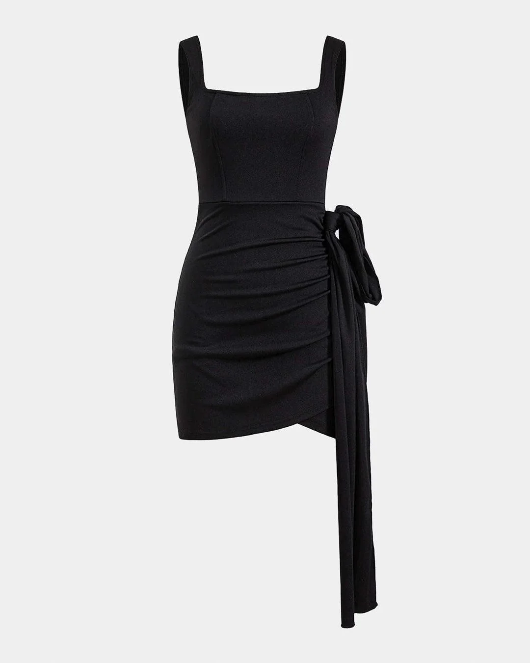 Knotted Tie Ruched Square Neck Sleeveless Black Mini Dress