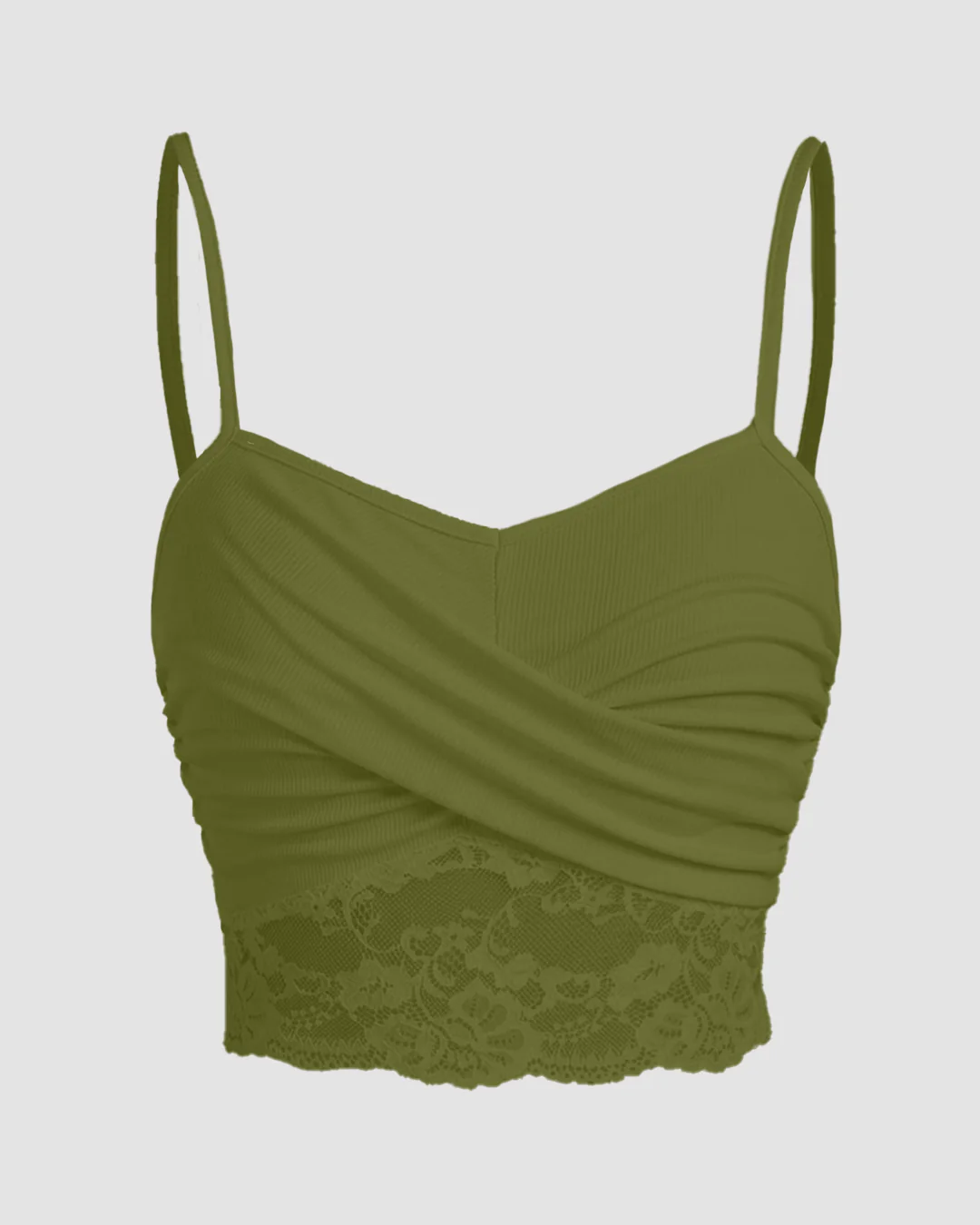 Lace Splicing Wrapped Cross Neck Camisole Top in Avocado Green