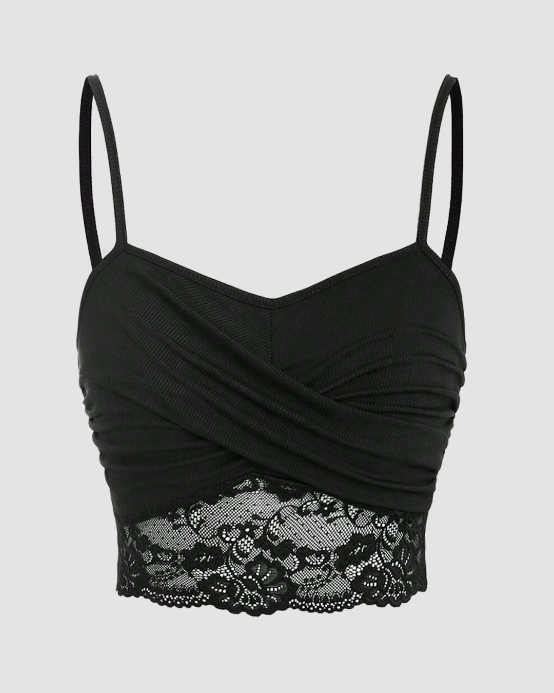 Lace Splicing Wrapped Cross Neck Camisole Top in Black