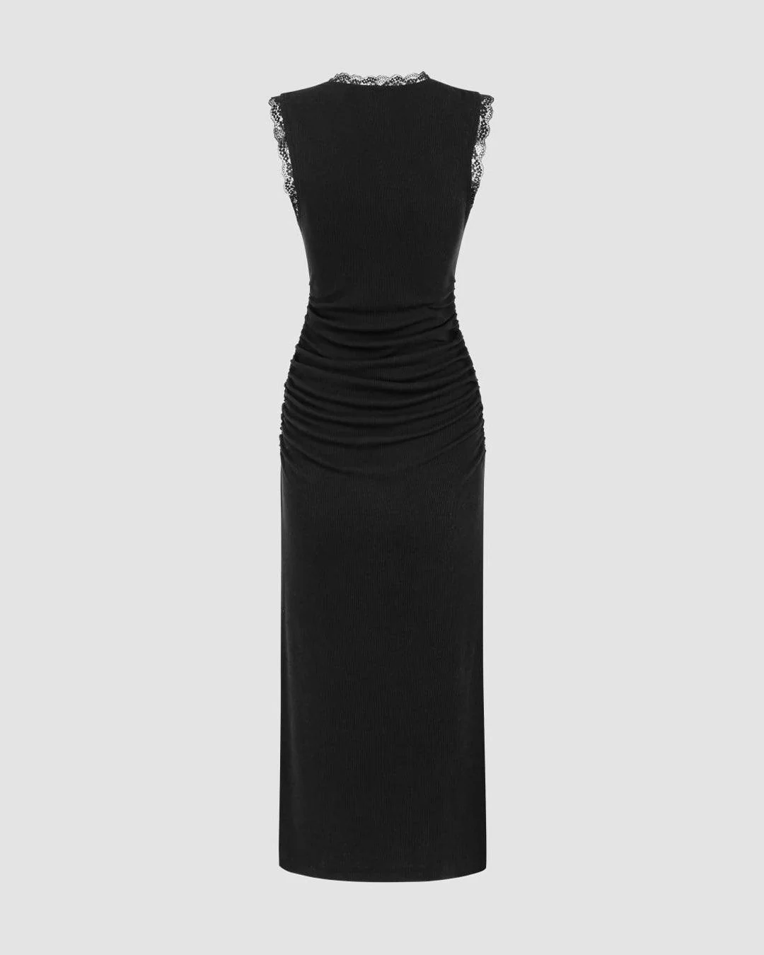 Lace Trim Solid Ruched Black Maxi Dress - Image 2