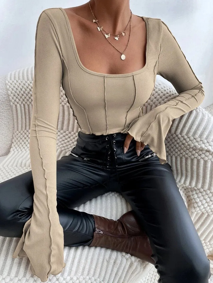 Lettuce sleeve corset top apricot