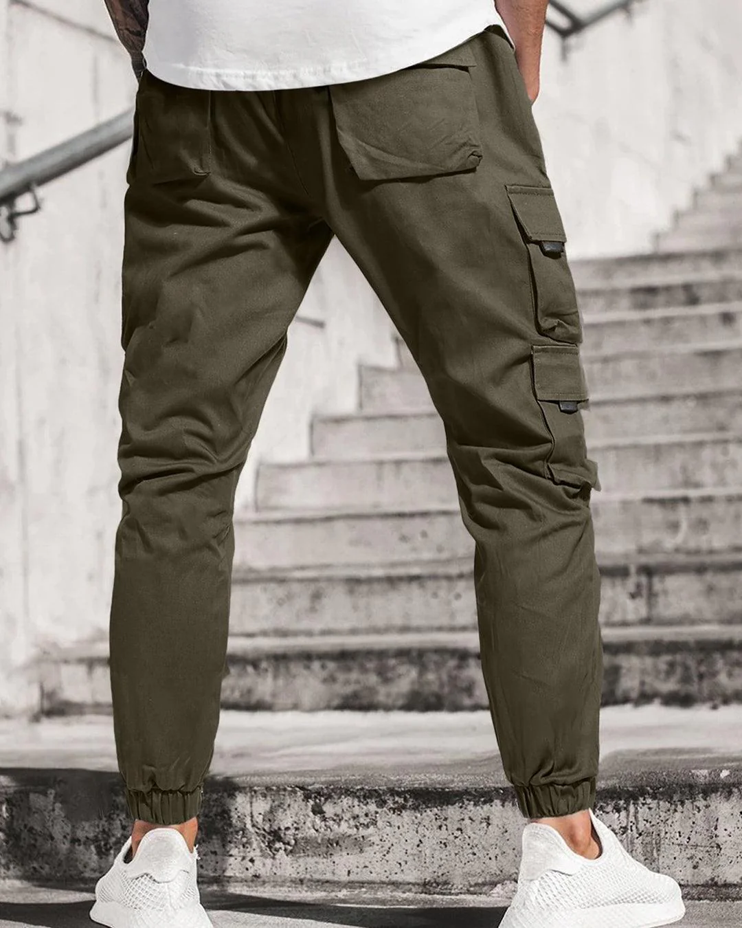 Men Streetwear Multi-Pocket Drawstring Beam Feet Olive Green Cargo Pants - Image 3