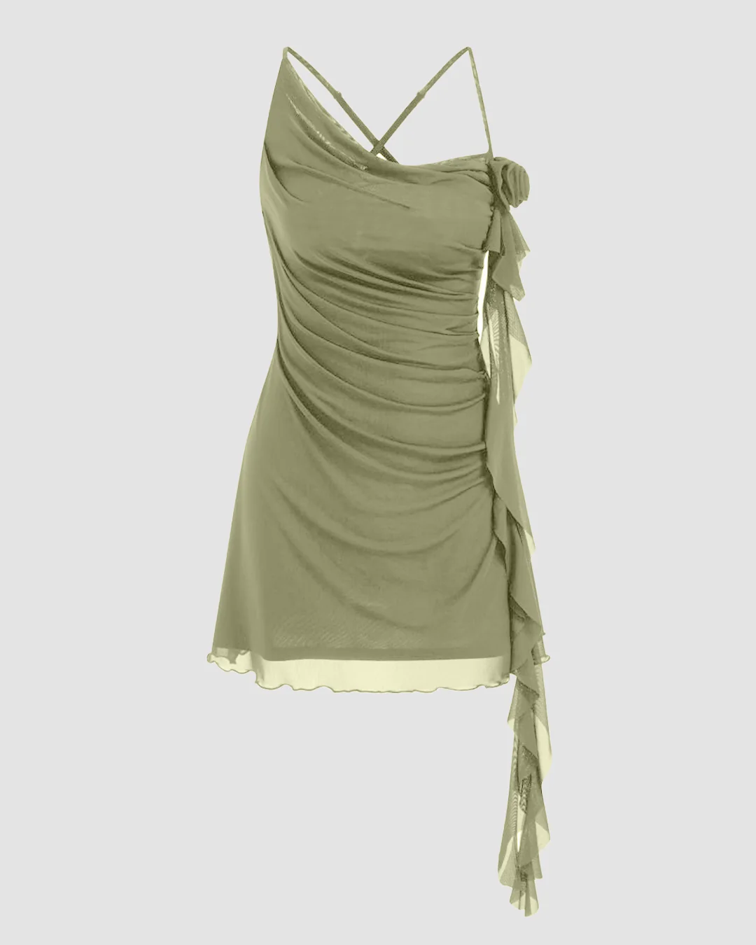 Mesh Asymmetrical Neck Ruched Applique Mini Dress in Herbal green