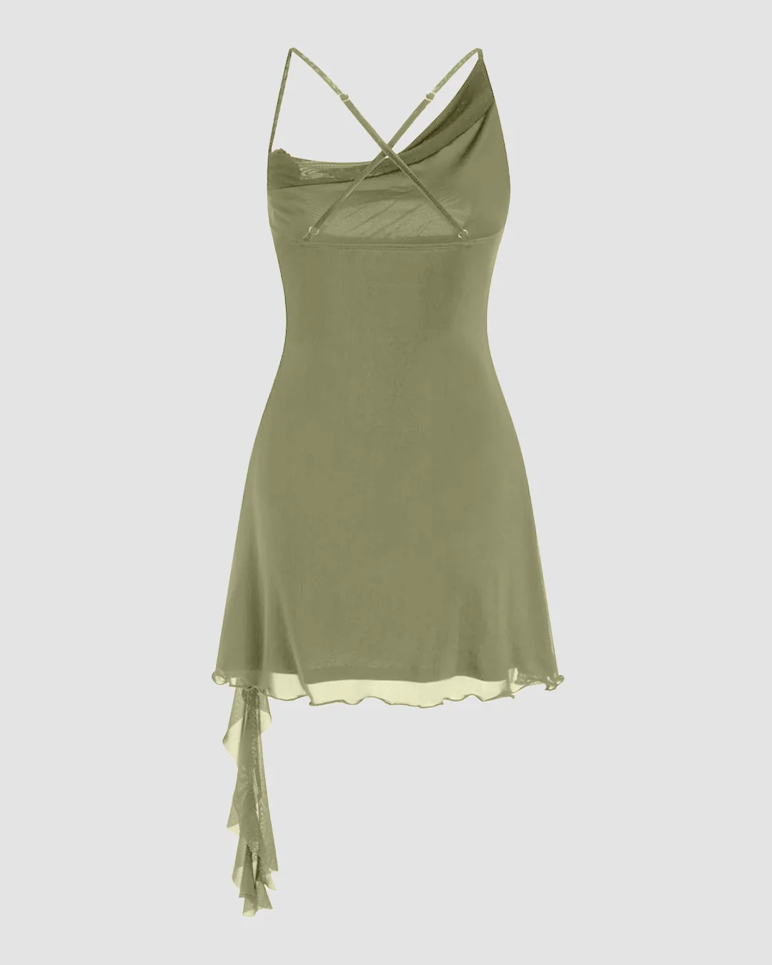 Mesh Asymmetrical Neck Ruched Applique Mini Dress in Herbal green - Image 2