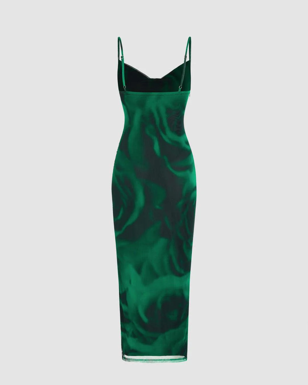 Mesh Cowl Neck Ruched Split Green Midi Dress - Image 2
