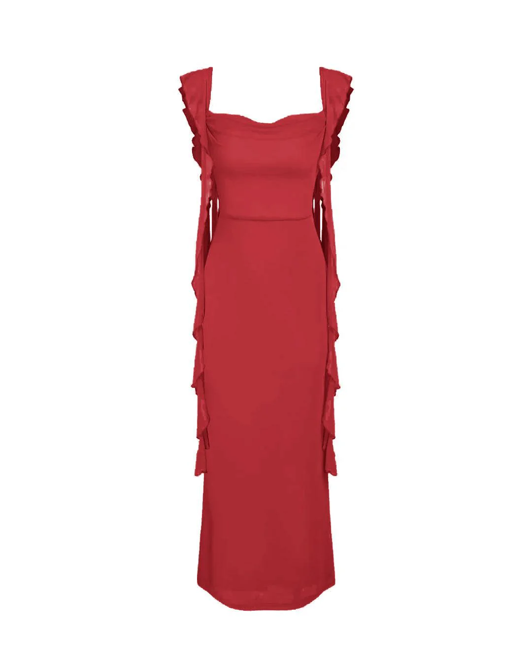 Mesh Ruffle Red Maxi Dress