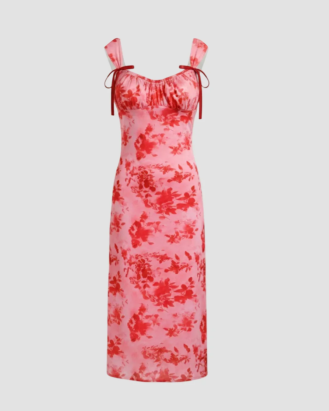 Mesh Square Neck Floral Bowknot Midi Dress in Rose