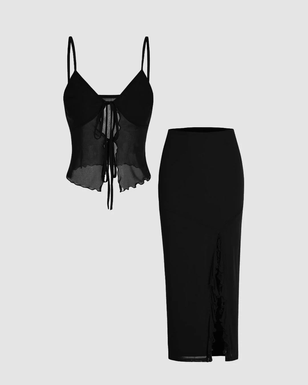 Mesh Sweetheart Top & Split Maxi Skirt In Black