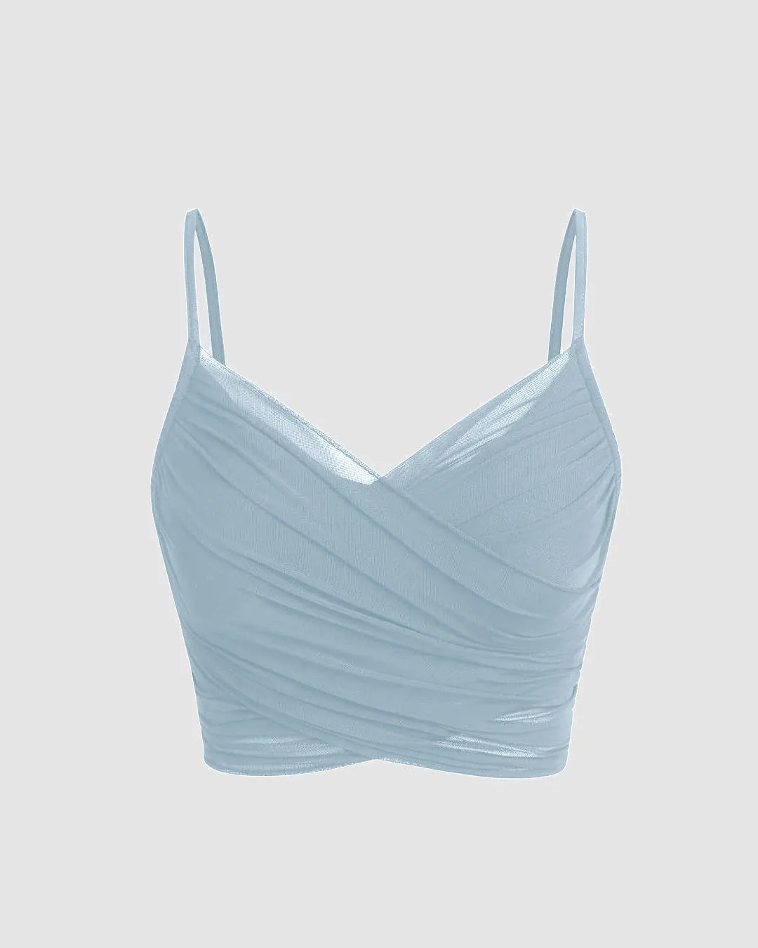 Mesh V-Neck Ruched Strappy Dusty Blue Crop Top