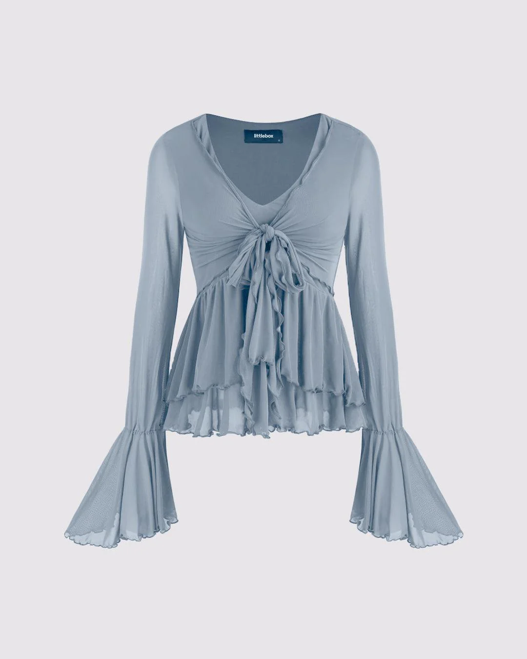 Mesh V-neck Ruffle Bell Sleeve Blue Top