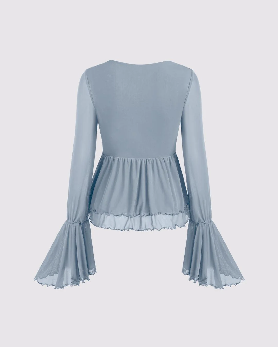 Mesh V-neck Ruffle Bell Sleeve Blue Top - Image 2