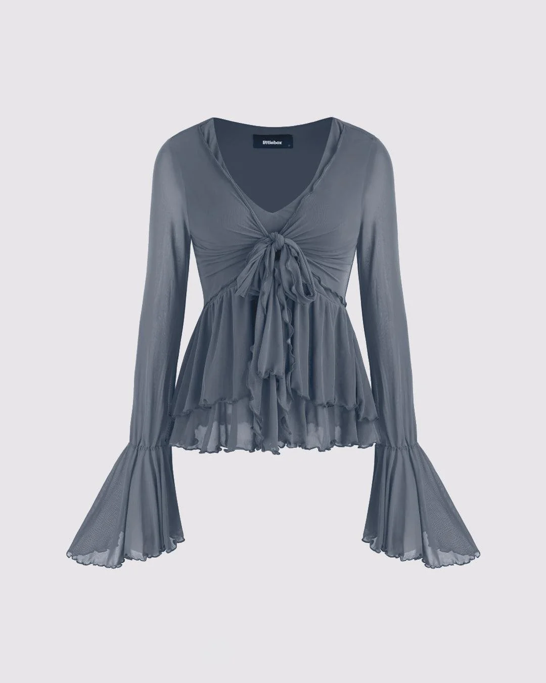 Mesh V-neck Ruffle Bell Sleeve Grey Top