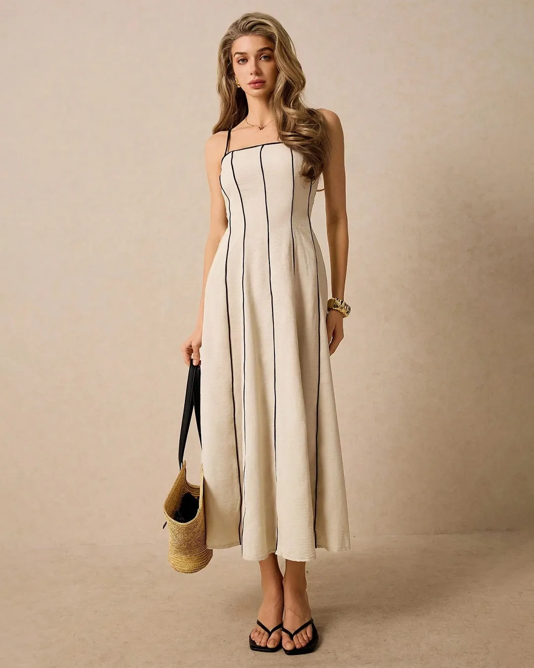 Minimalist Midi Dress with Spaghetti Straps and Contrast Piping In Khadi