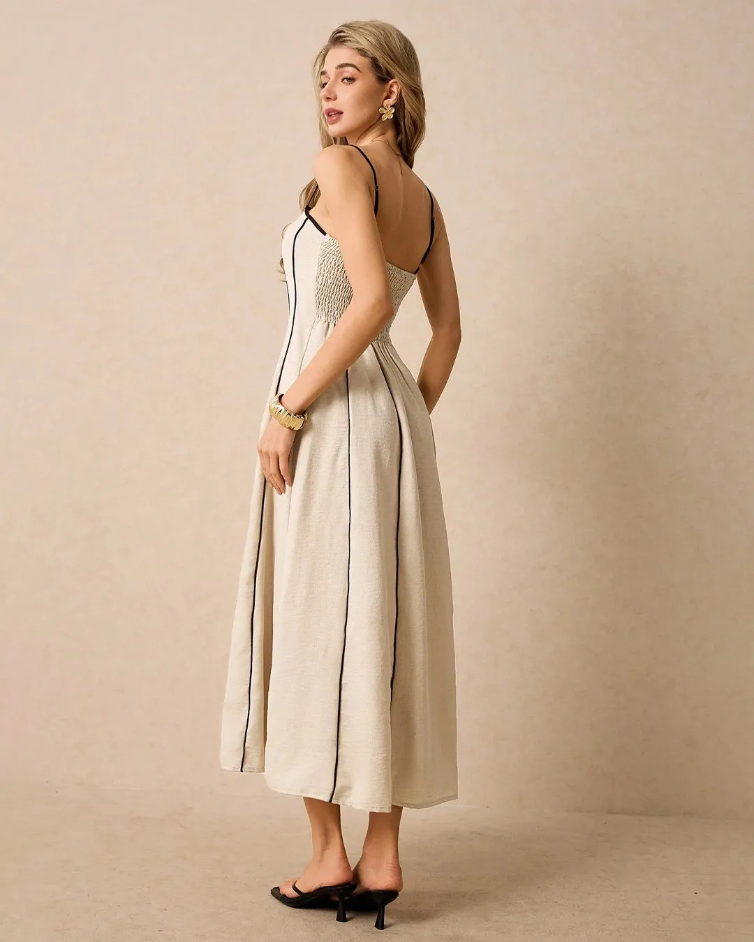 Minimalist Midi Dress with Spaghetti Straps and Contrast Piping In Khadi - Image 3