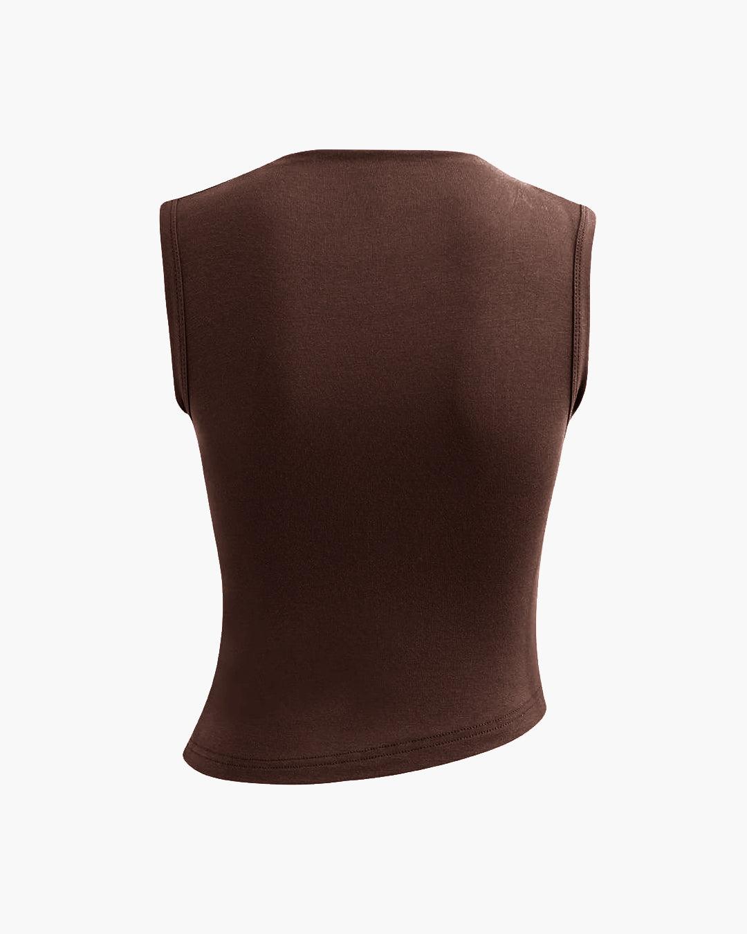 Mock Neck Asymmetric Ruched Tank Top In Chocolate Brown - Image 2