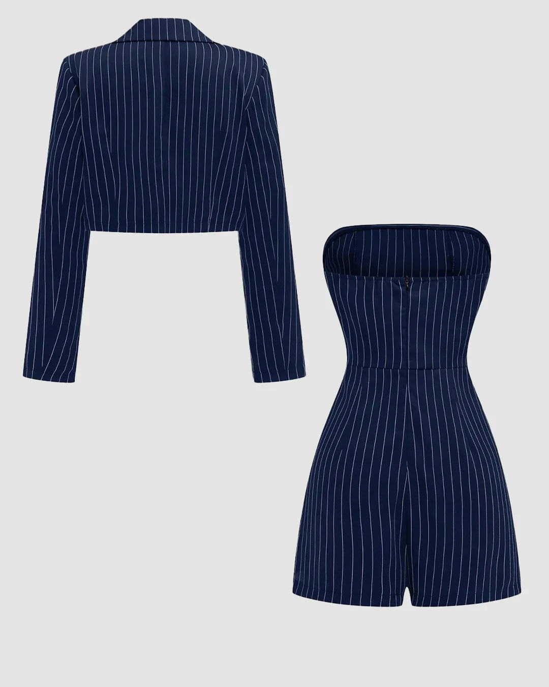 Navy Blue Casual Striped Tube Dress & Cropped Jacket Two-Piece Set - Image 3