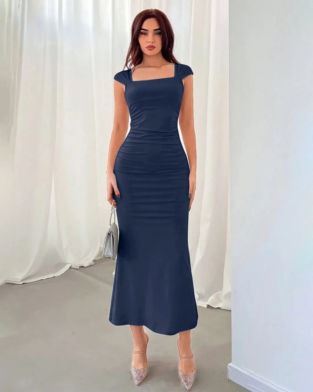 Navy Blue Square Neck Cap Sleeve Bodycon Midi Dress