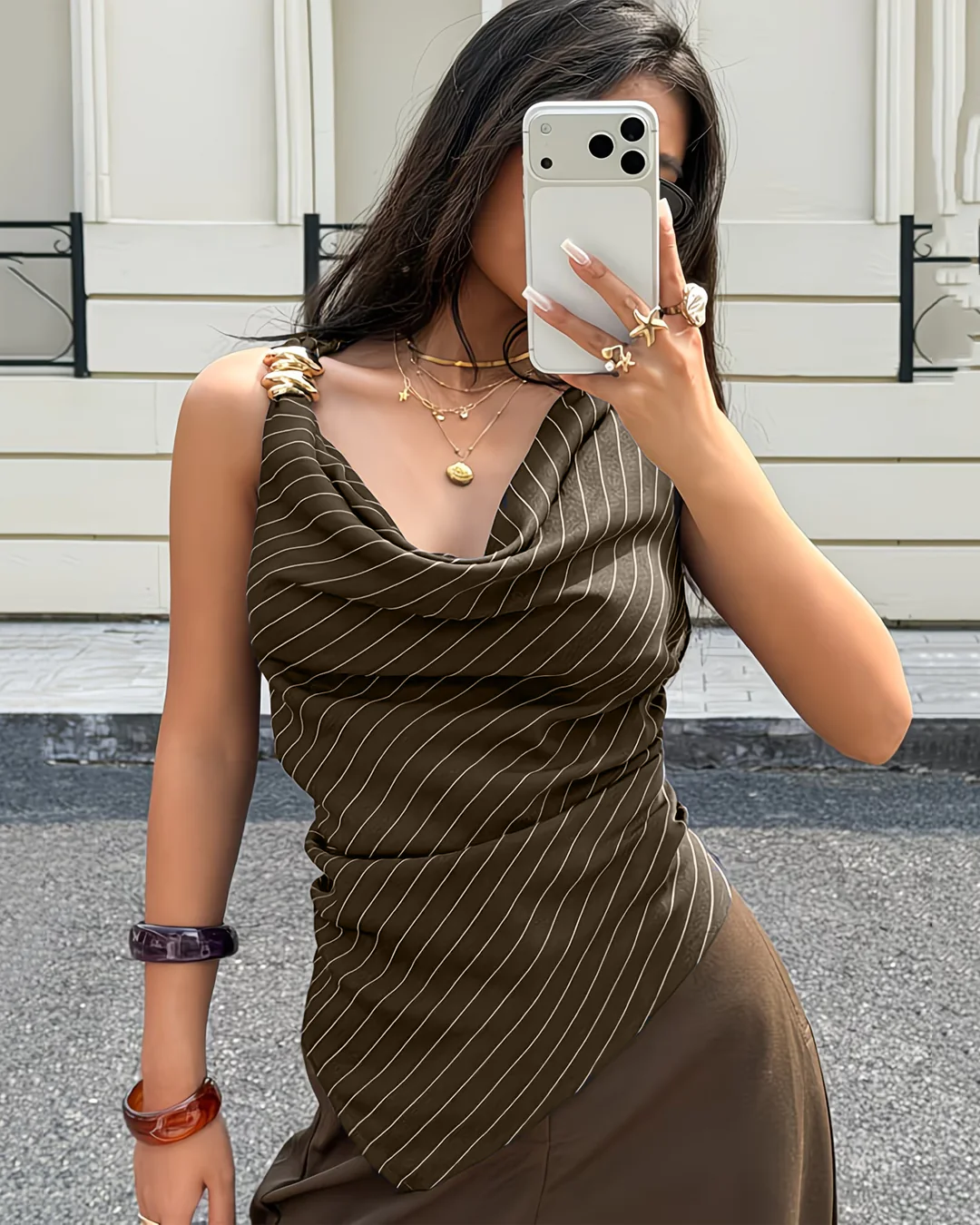 Neck Striped Asymmetrical Draped Collar and Metal Button Top in Brown