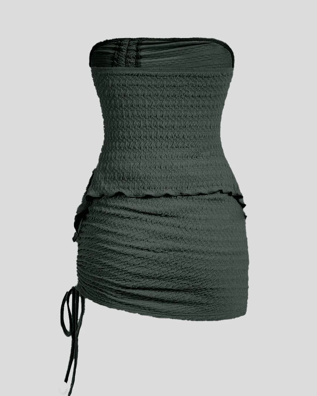 Off Shoulder Drawstring Ruched Crop Top And Mini Skirt In Olive Green - Image 2