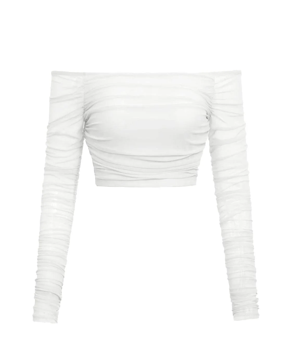 Off Shoulder Long Sleeve Ruched Mesh White Top