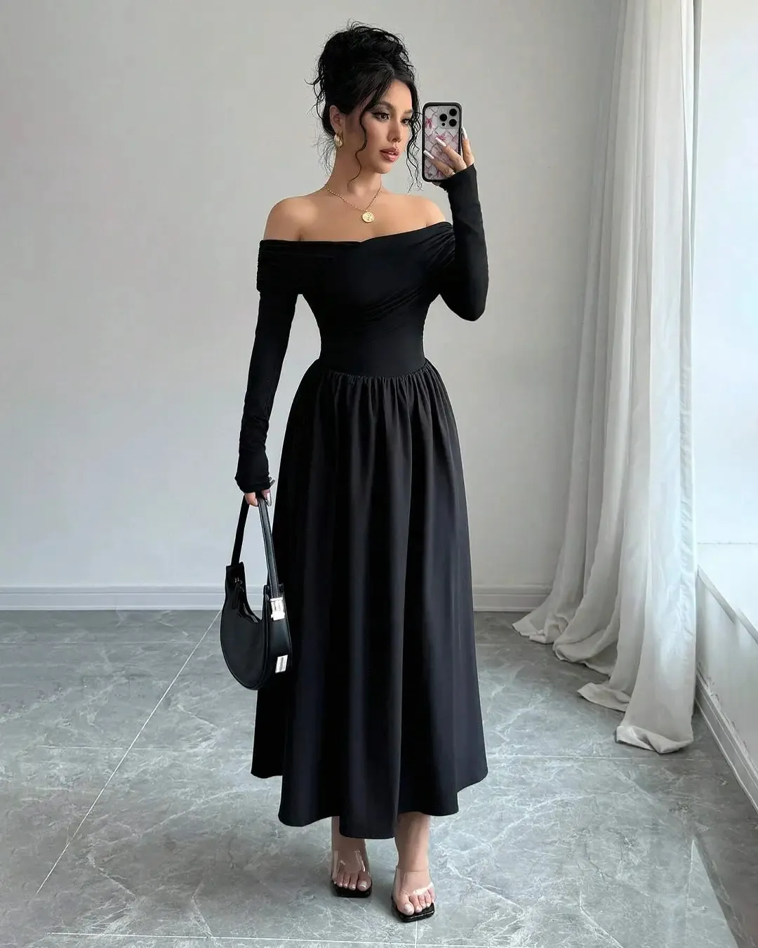 Off-Shoulder Pleated Elegant Long-Sleeve Maxi Dress