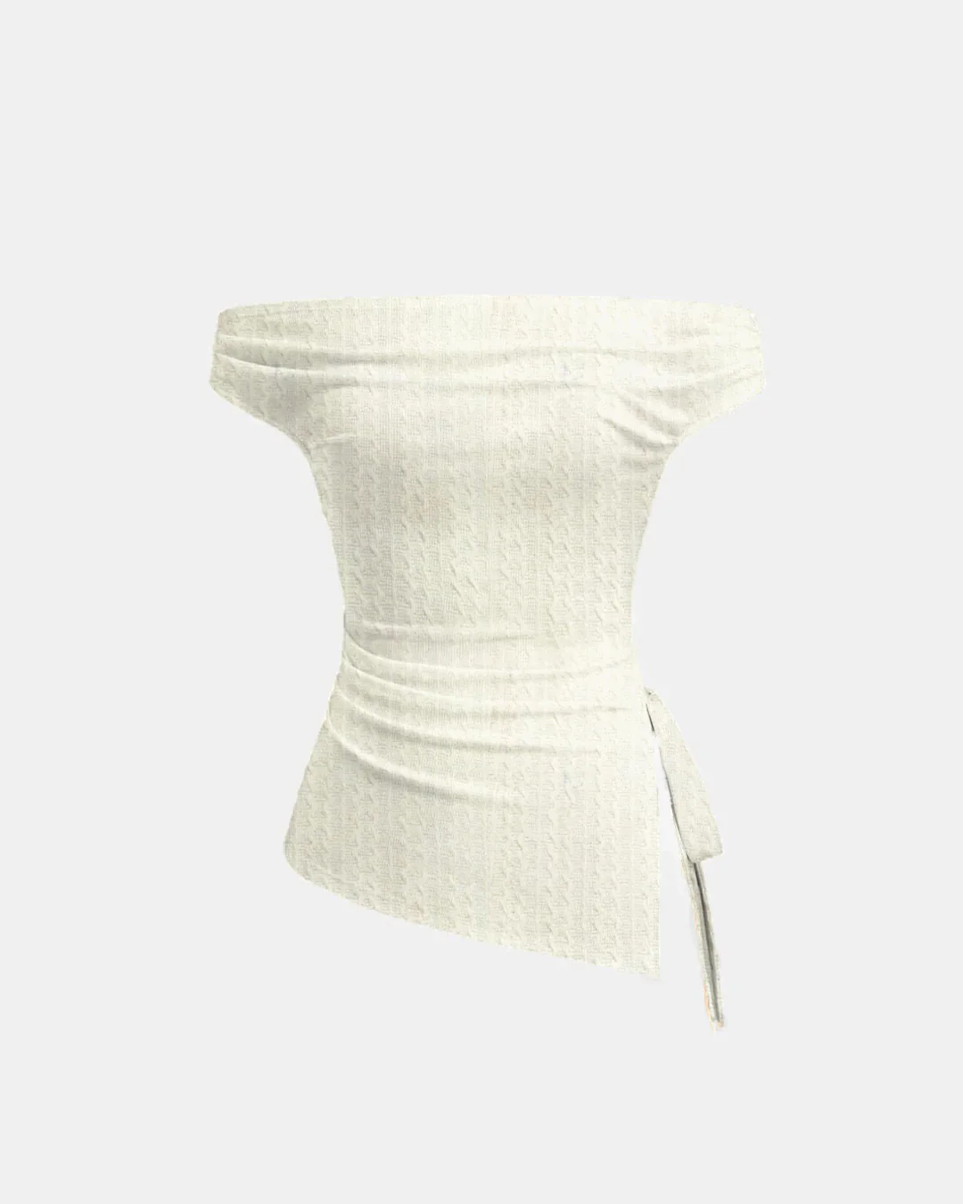 Off-shoulder Ruched Knotted Asymmetrical Hem Top in White