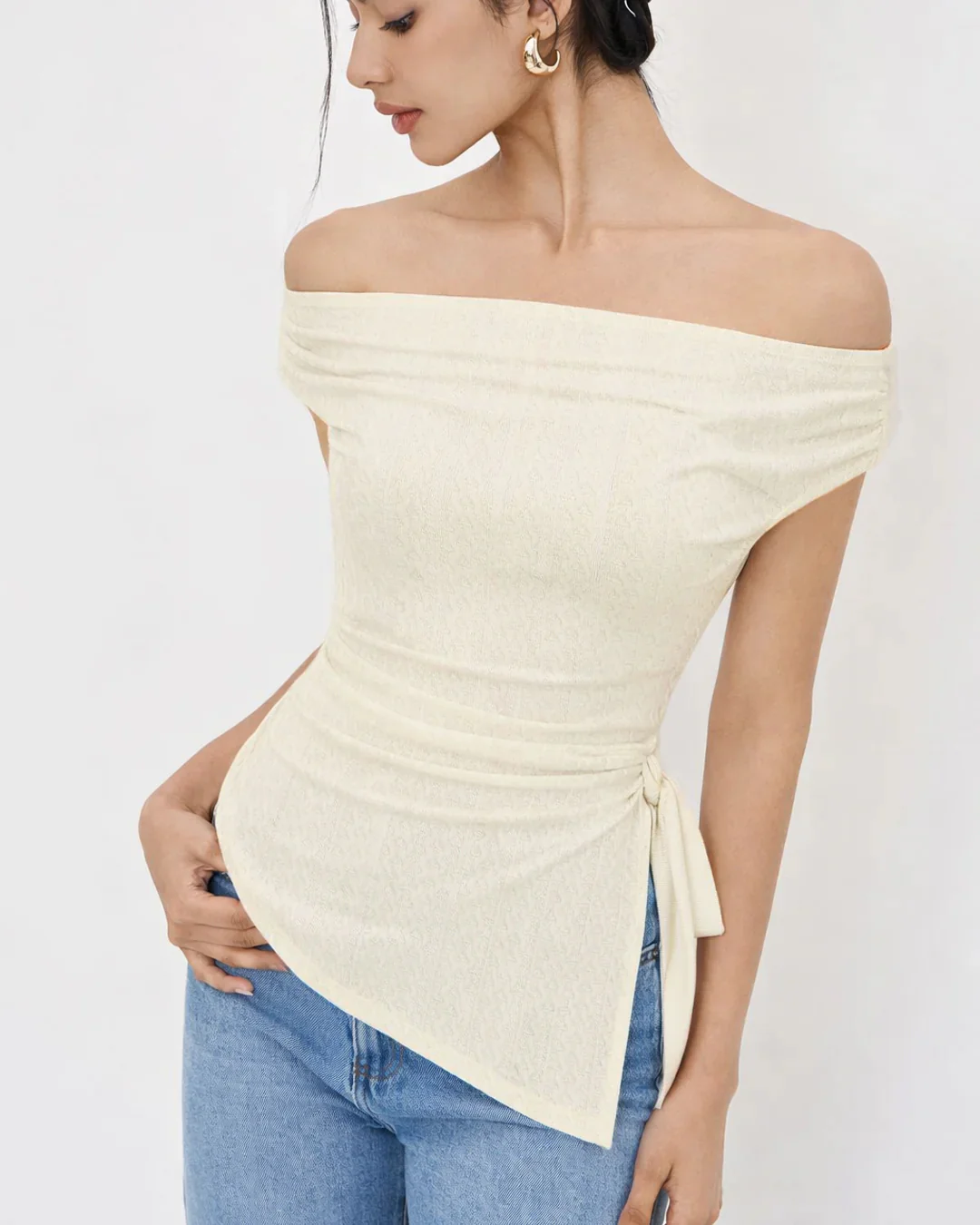 Off-shoulder Ruched Knotted Asymmetrical Hem Top in White - Image 2