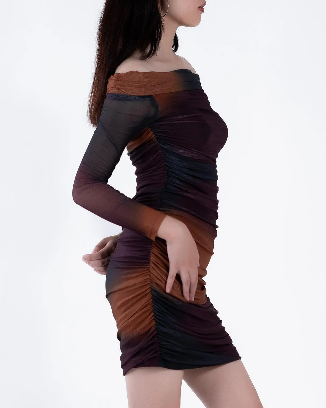 Off-Shoulder Tie Dye Long Sleeve Slim Fit Dress - Image 2