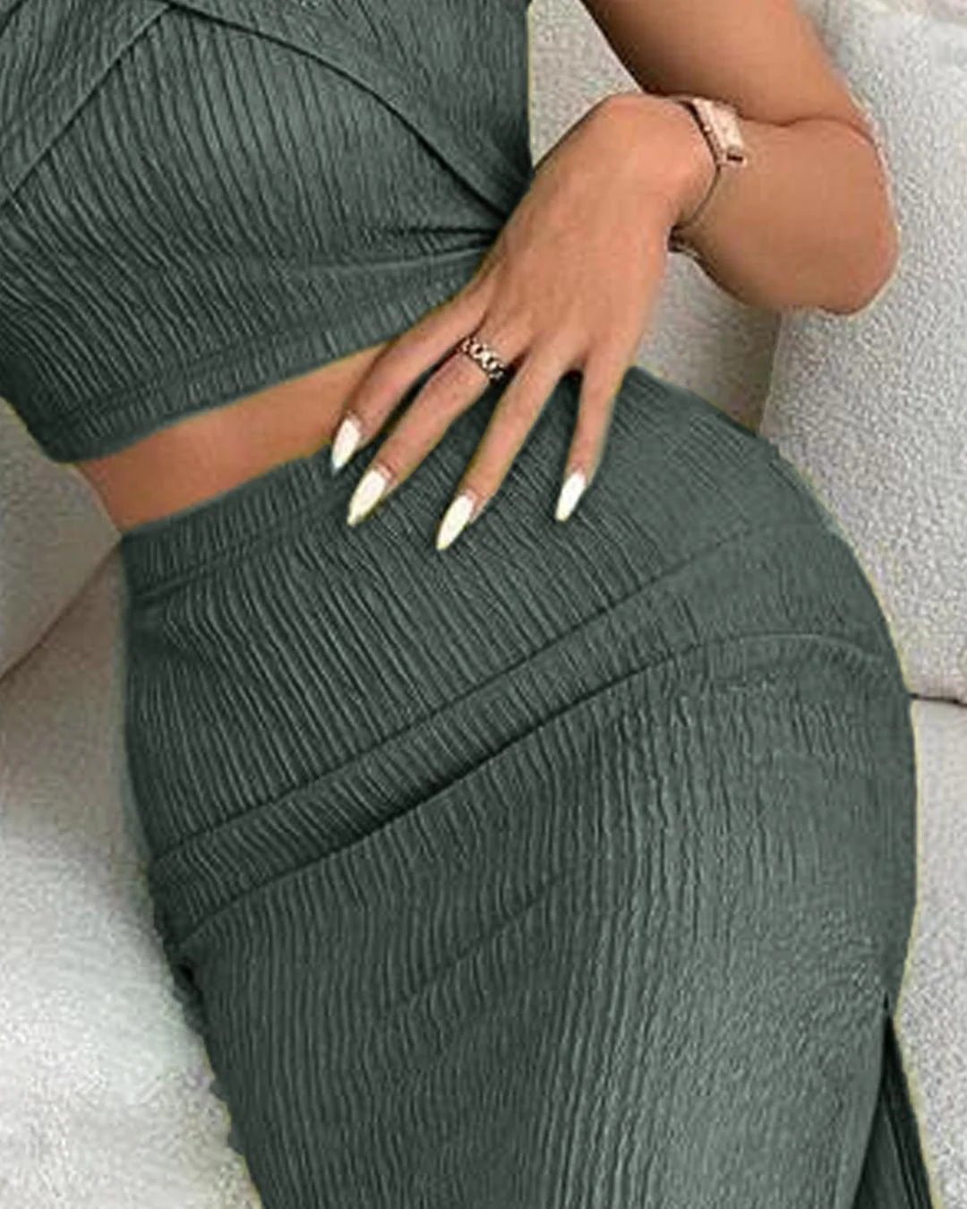 One Shoulder Crop Top & Split Thigh Skirt In Olive Green - Image 2