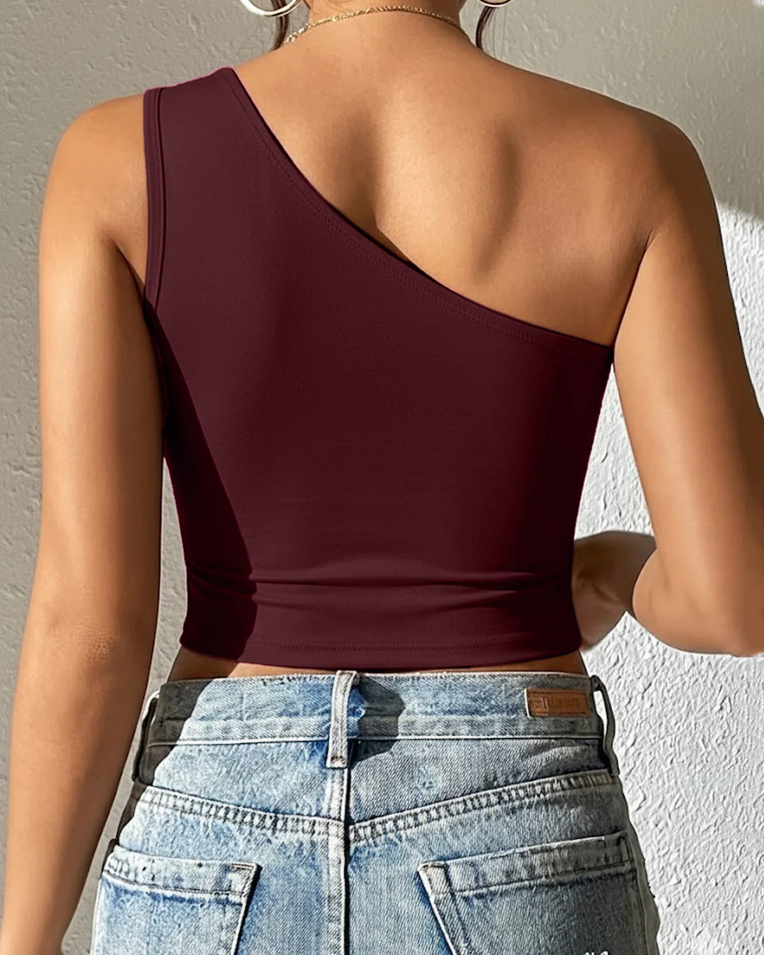 One Shoulder Cut Out Crop Asymmetrical Top in Burgundy - Image 2