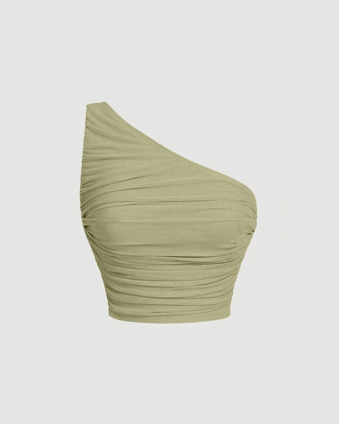 One Shoulder Ruched Waist Slim Fit Green Mesh Top