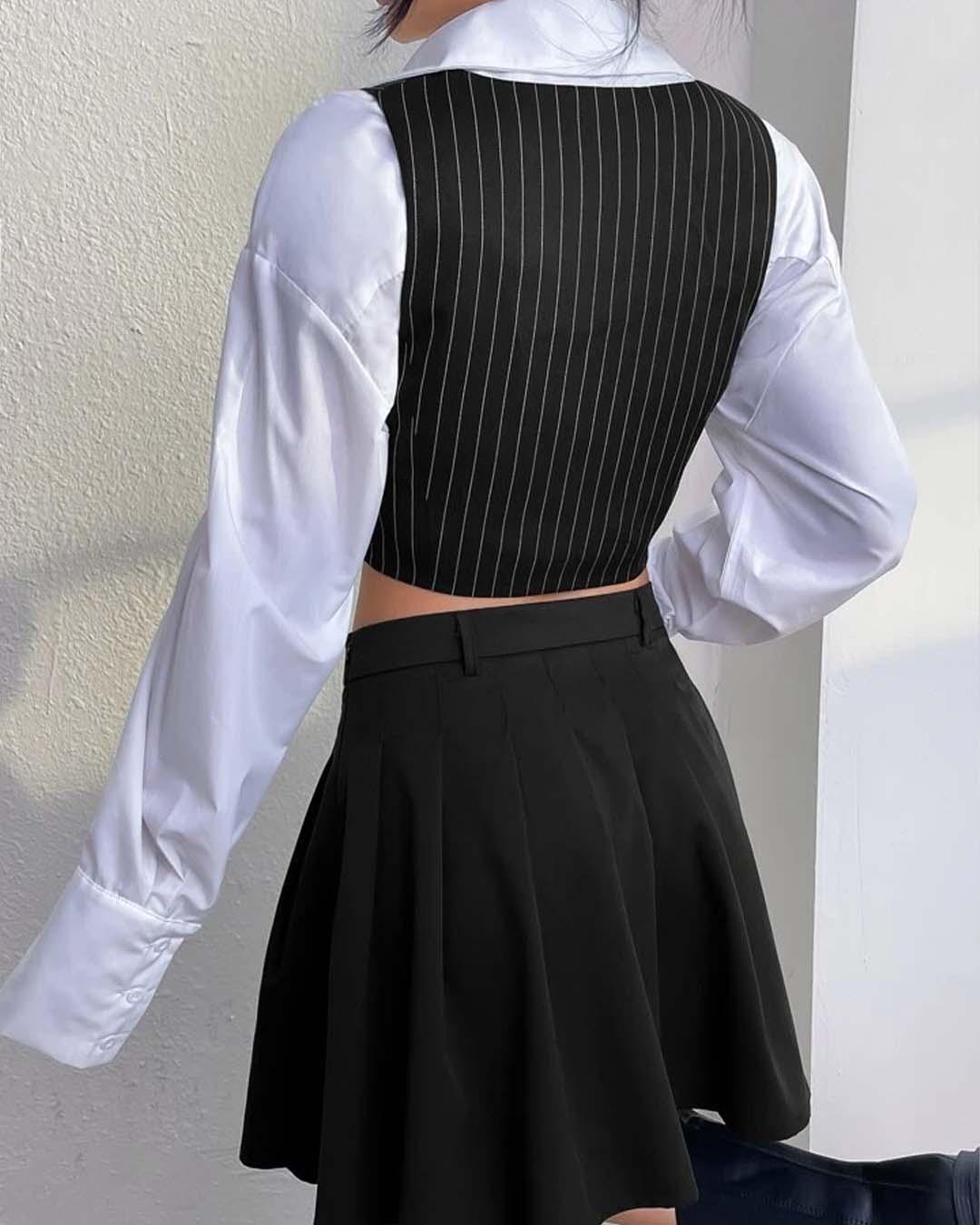 Pinstriped Single Breasted Crop Waistcoat Without Shirt - Image 3