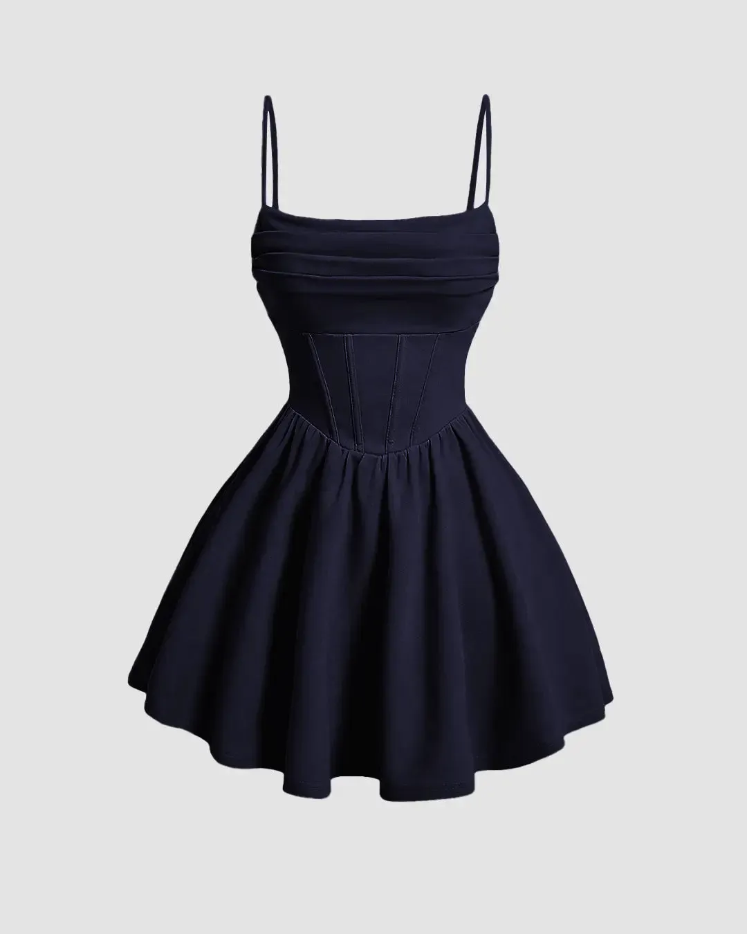 Pleated Waist Cami Short Dress In Navy Blue