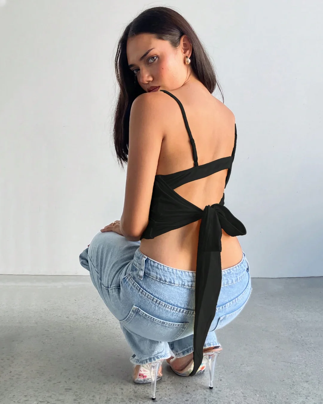 Plunge Neck Lace Trim Bow Knot Strap Top in Black - Image 2