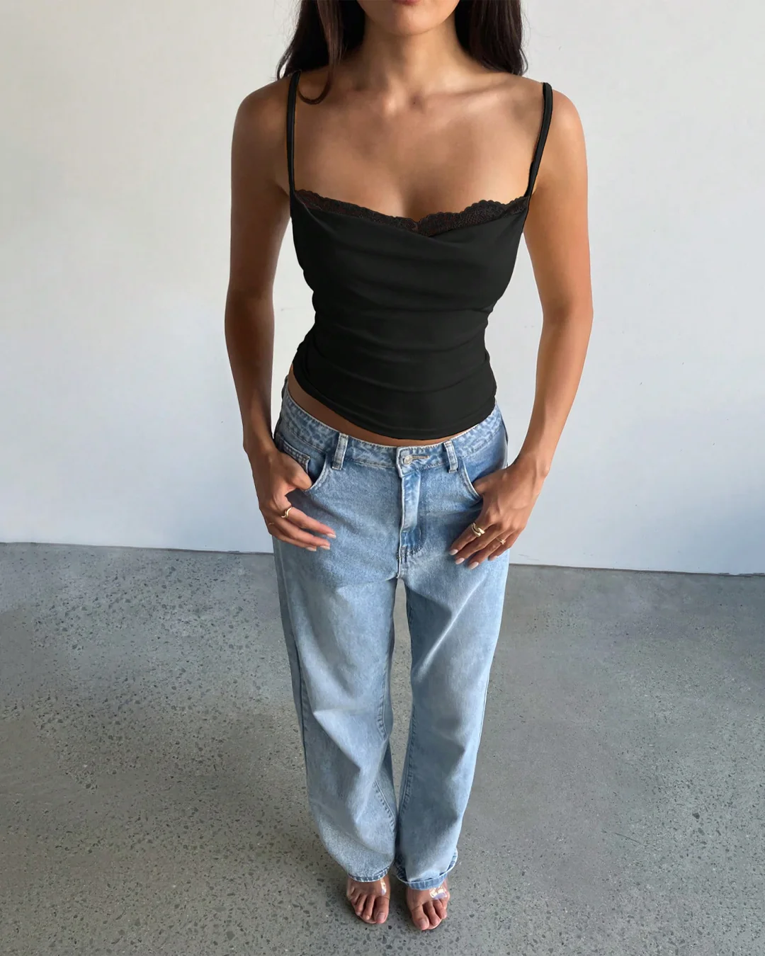 Plunge Neck Lace Trim Bow Knot Strap Top in Black - Image 3