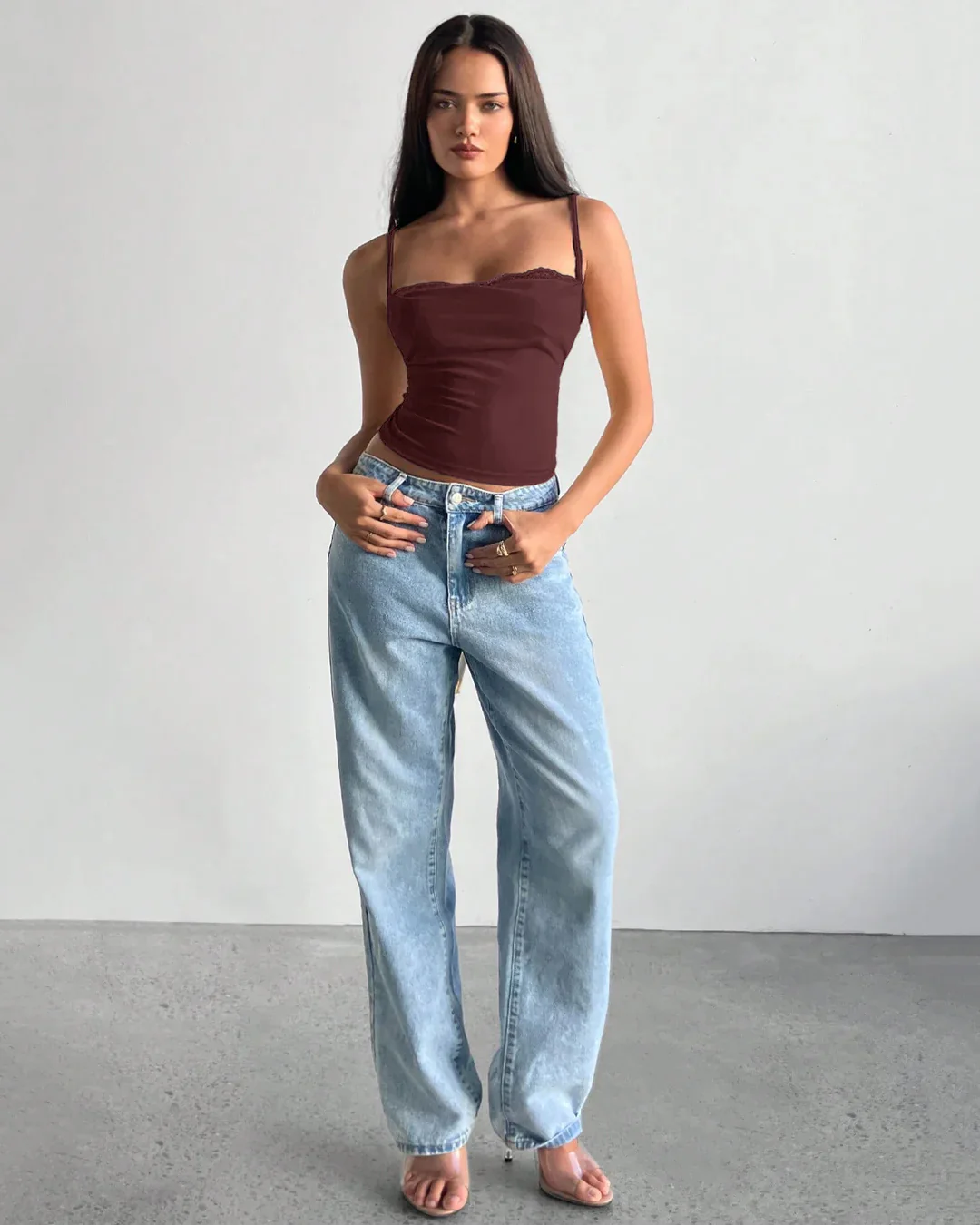 Plunge Neck Lace Trim Bow Knot Strap Top in Maroon - Image 3
