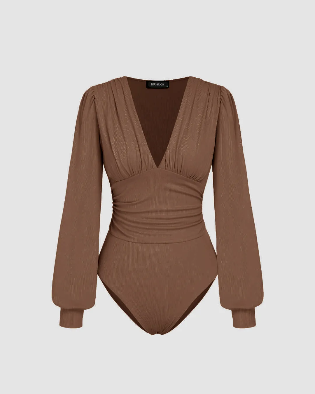 Plunging Neck Lantern Sleeve Brown Bodysuit