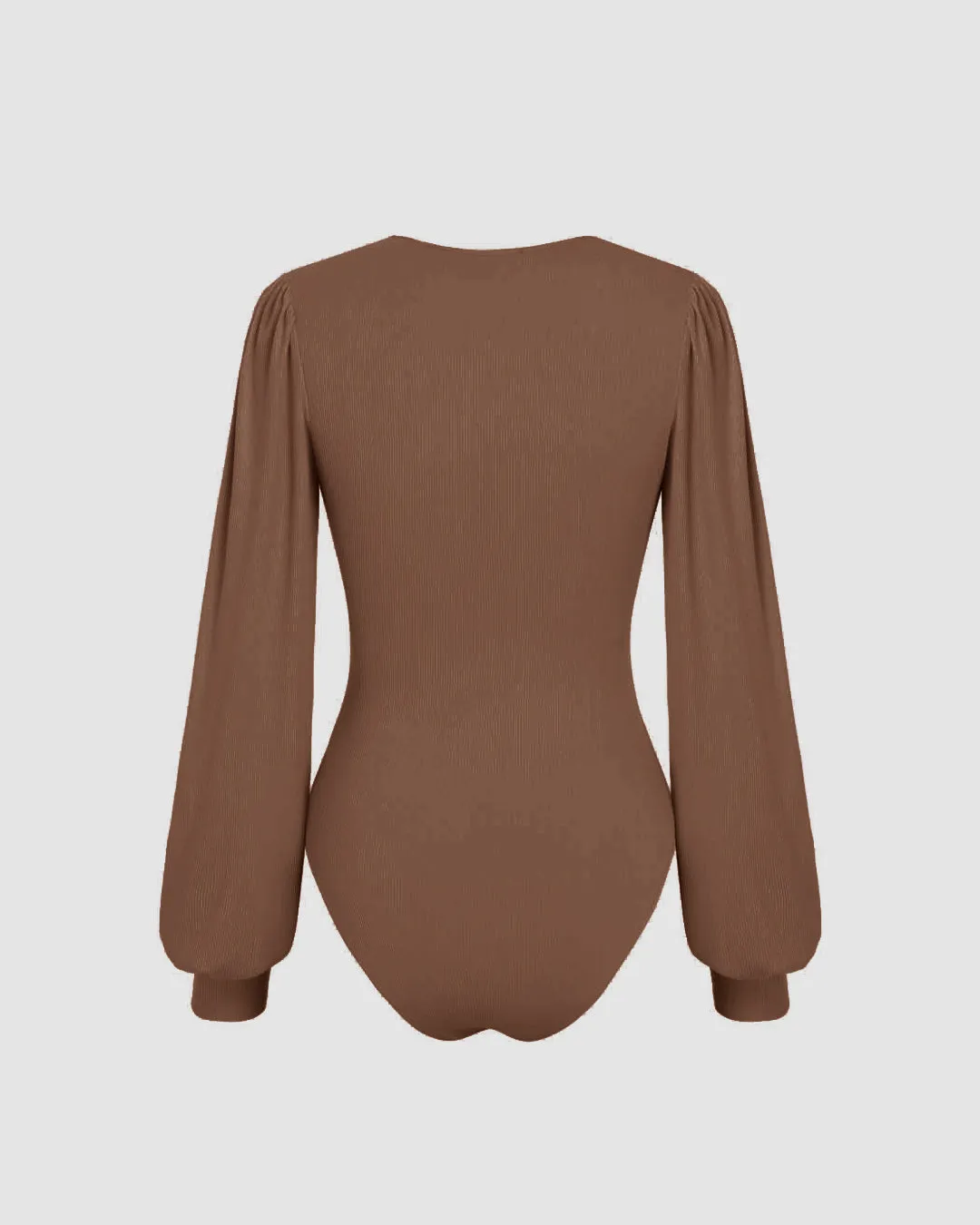 Plunging Neck Lantern Sleeve Brown Bodysuit - Image 2