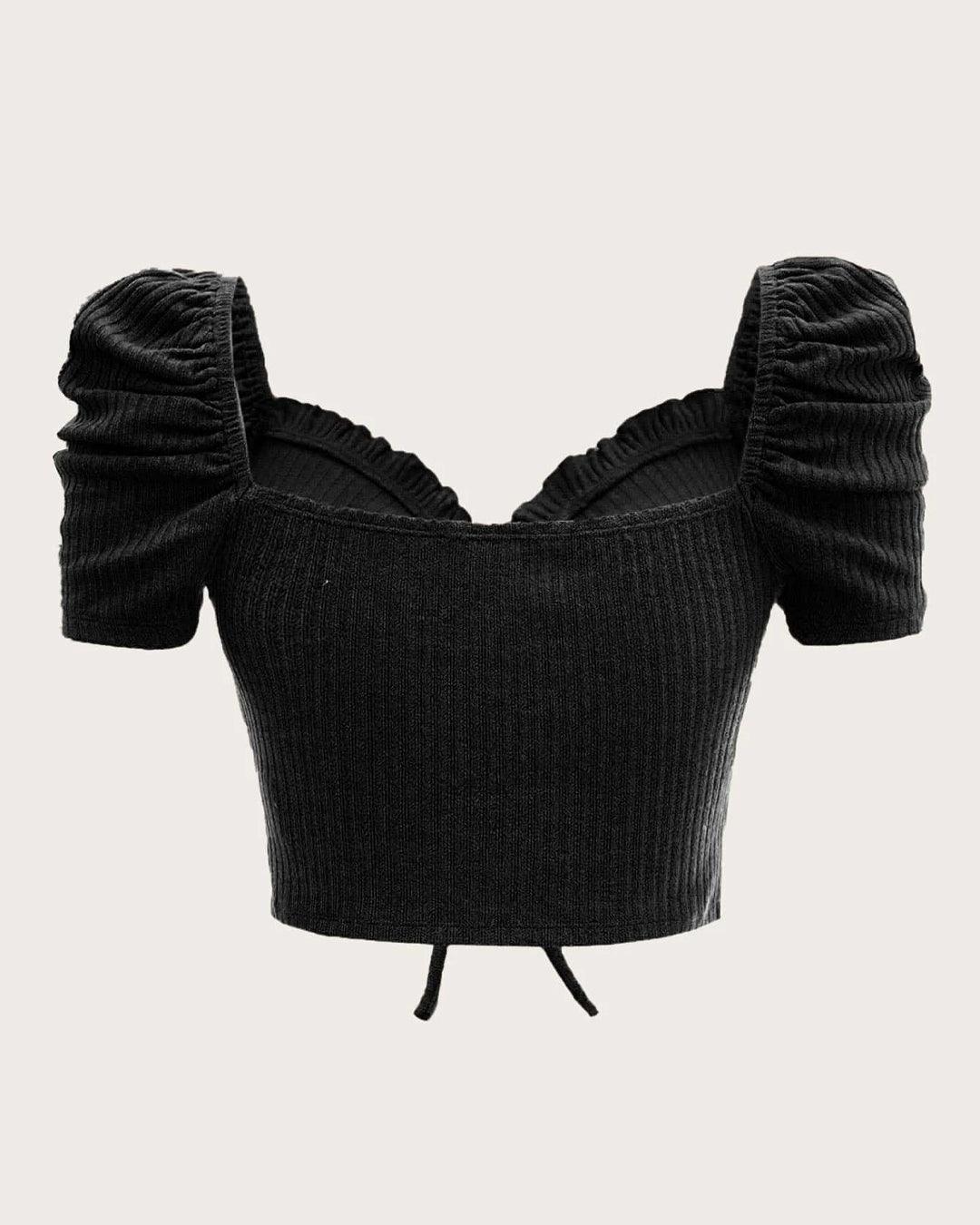 Puffed Sleeve Vest Ruffle Top In Black - Image 2