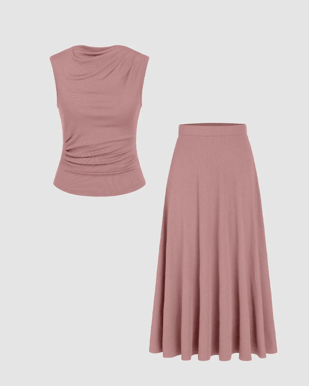 Rib Round Neck Solid Tank Top & Mid Waist Ruffle Midi Skirt In Pink