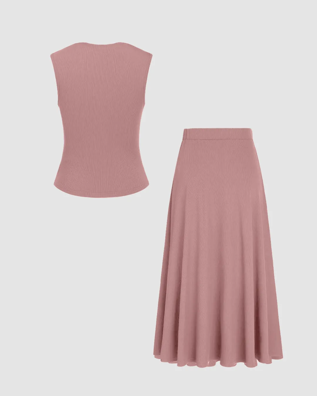 Rib Round Neck Solid Tank Top & Mid Waist Ruffle Midi Skirt In Pink - Image 2