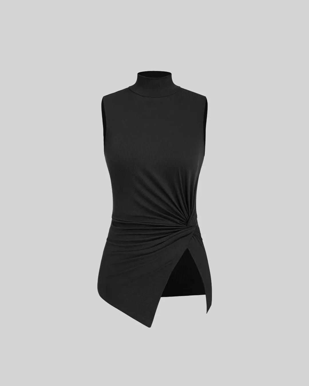 Ribbed Mock Neck Sleeveless Side Twisted Top In Black
