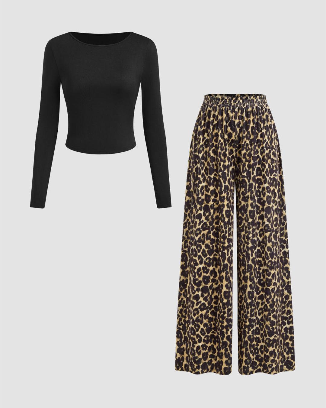 Round Neck Long Sleeve Black Top & Mid Rise Leopard Print Wide Pants Set