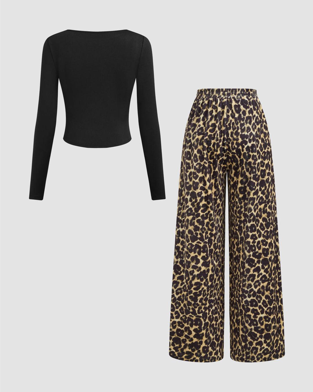 Round Neck Long Sleeve Black Top & Mid Rise Leopard Print Wide Pants Set - Image 2