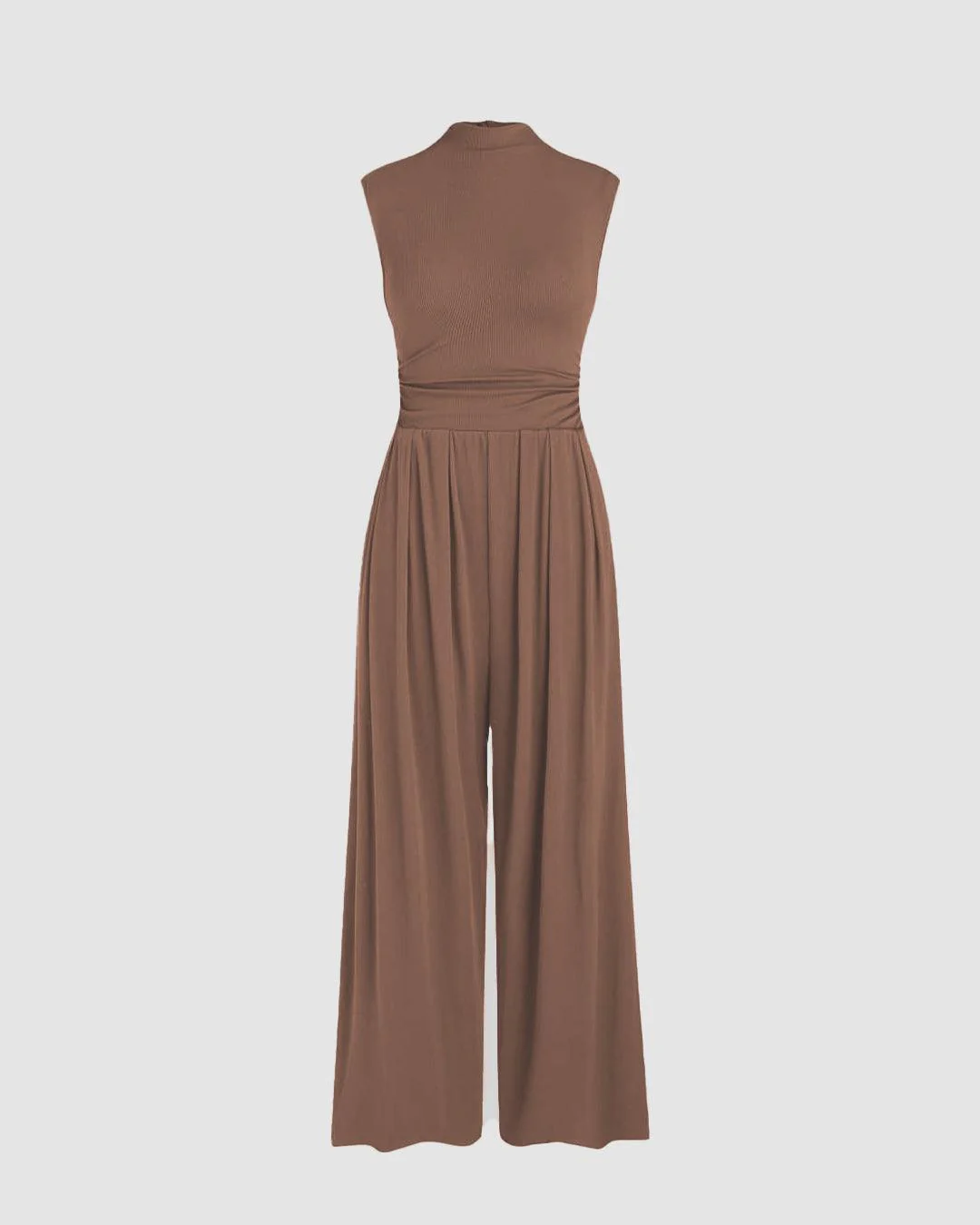 Round Neckline Solid Pleated Jumpsuit In Brown