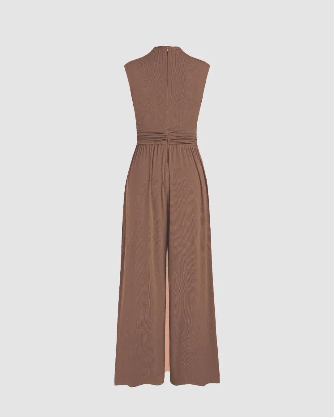 Round Neckline Solid Pleated Jumpsuit In Brown - Image 2