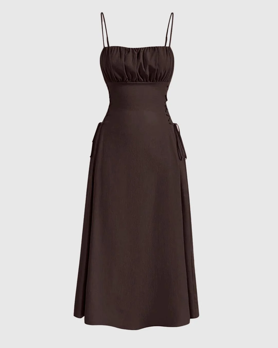 Ruched Bust Lace Up Side Spaghetti Straps Coco Brown Cami Dress